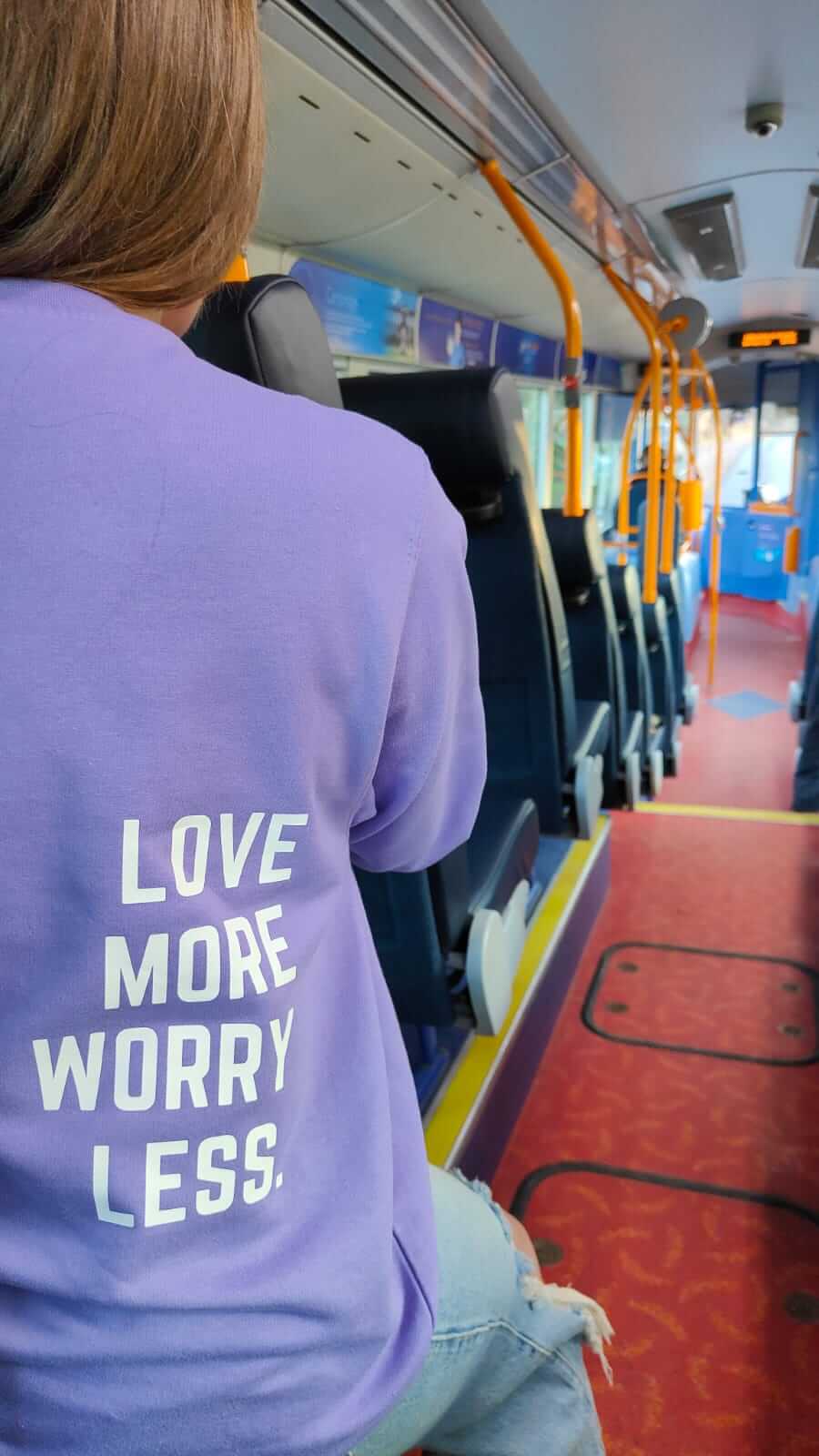 Lavender crew neck sweater with Love more worry less design