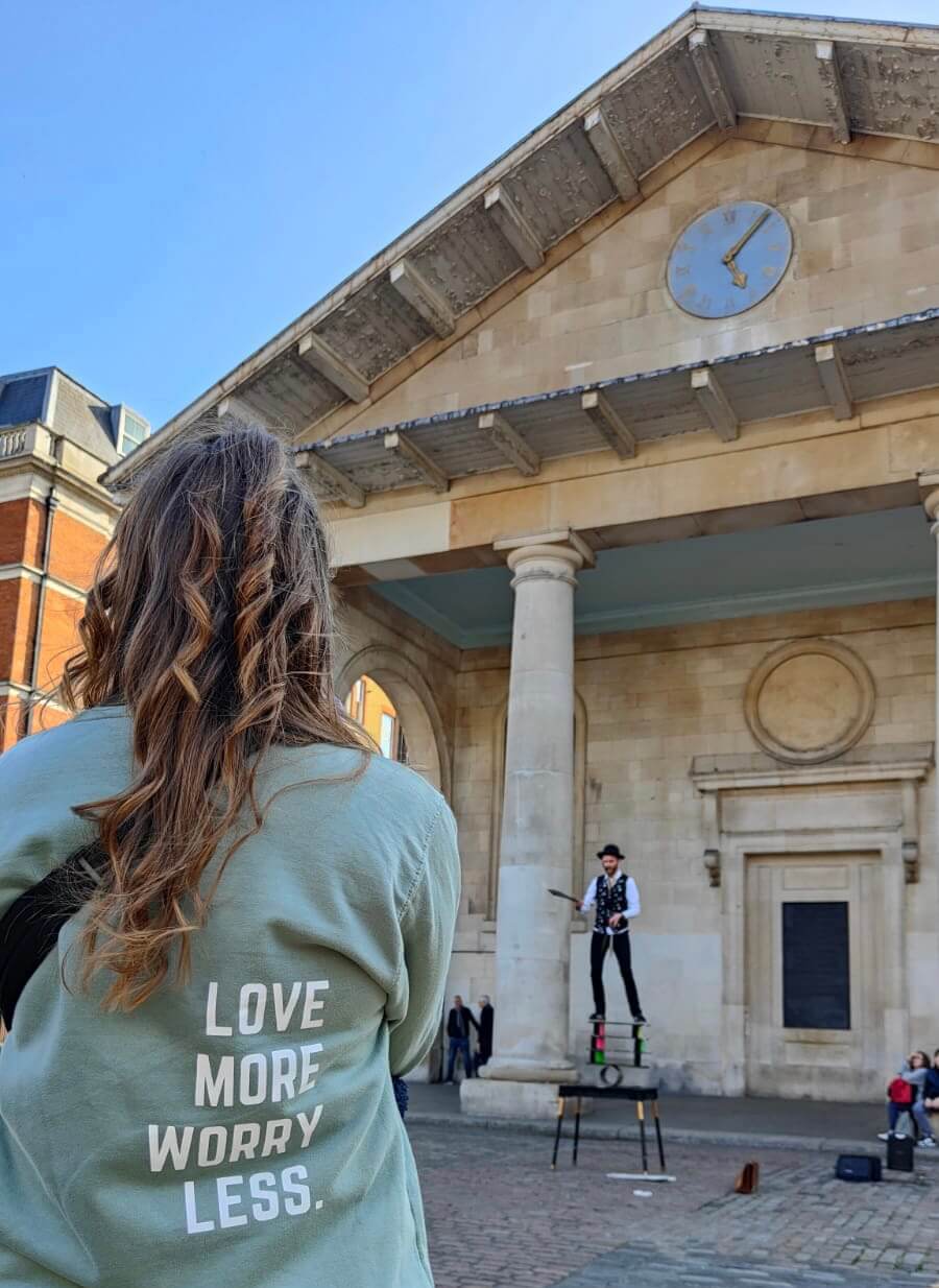 Sage green crew neck sweater with Love more worry less design