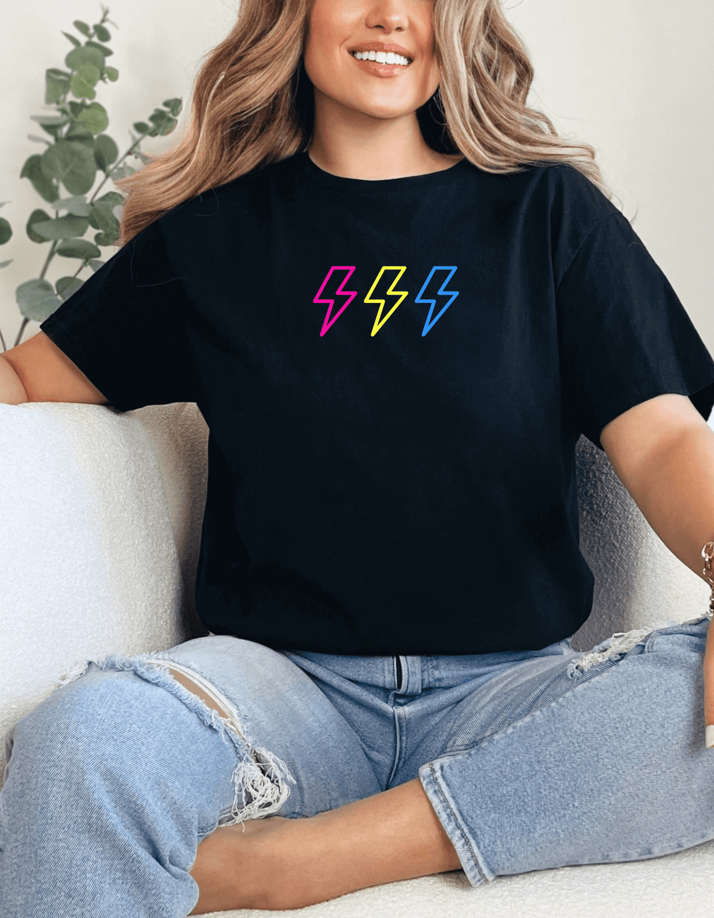 Black T-shirt with Neon lightning bolts